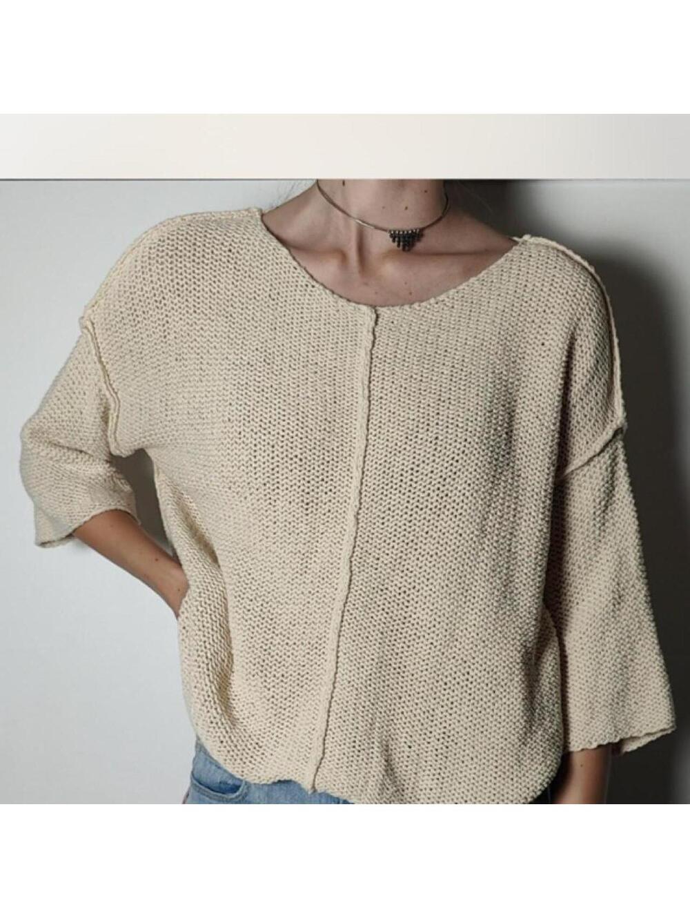 Aerie Women's open knit creme sweater sz M 3/4 sleeves oversize cottage crochet